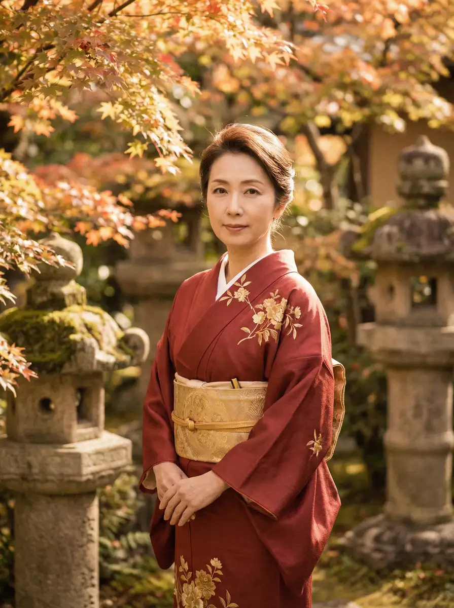 一位身穿暗红色和服的优雅 夏晴子 - 夏晴子最新视频 | 高清免费观看夏晴子资源 在日式庭院中