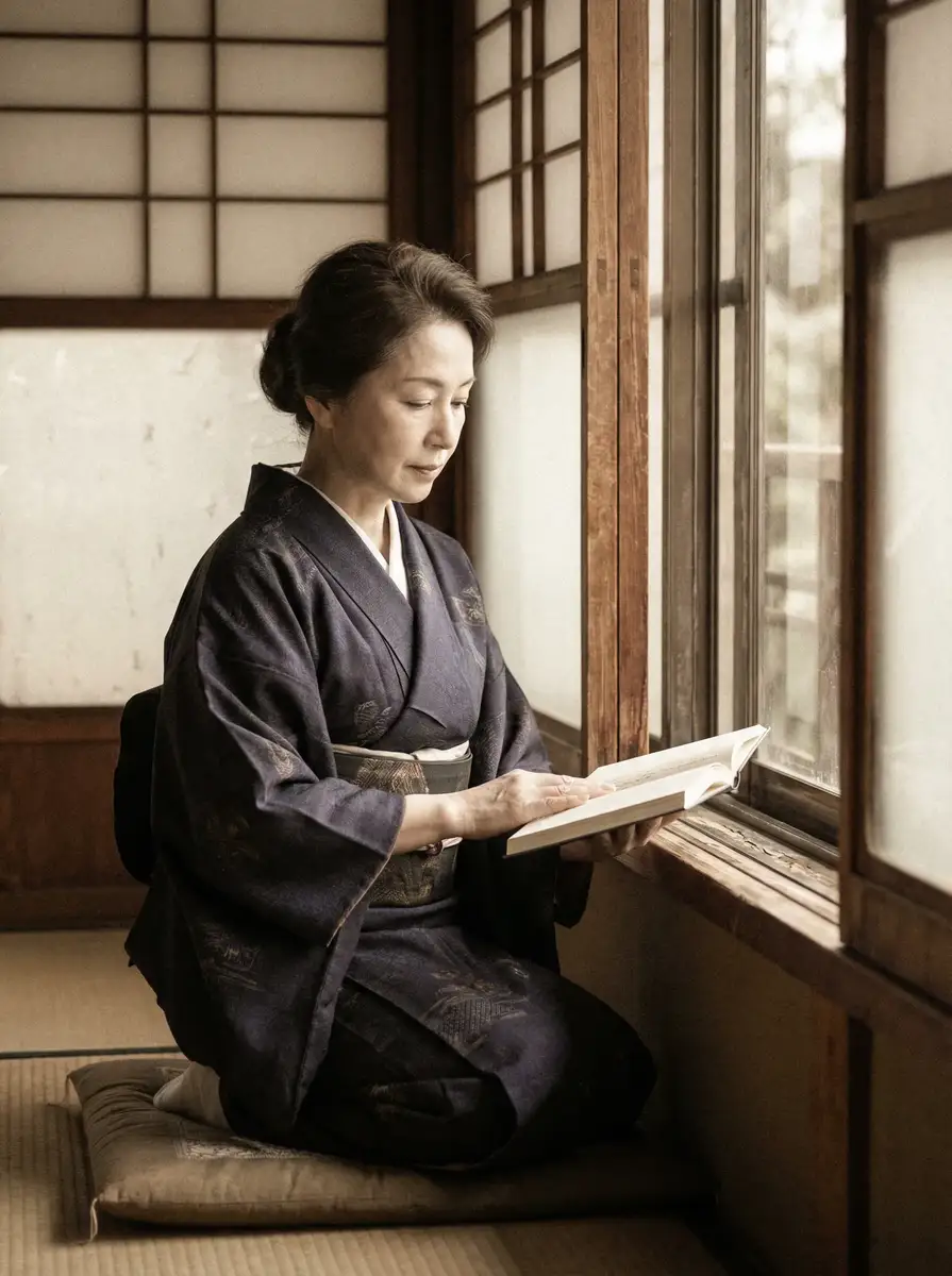 一位优雅的五十岁 夏晴子 - 夏晴子最新视频 | 高清免费观看夏晴子资源 身穿深蓝色和服，在窗边静读